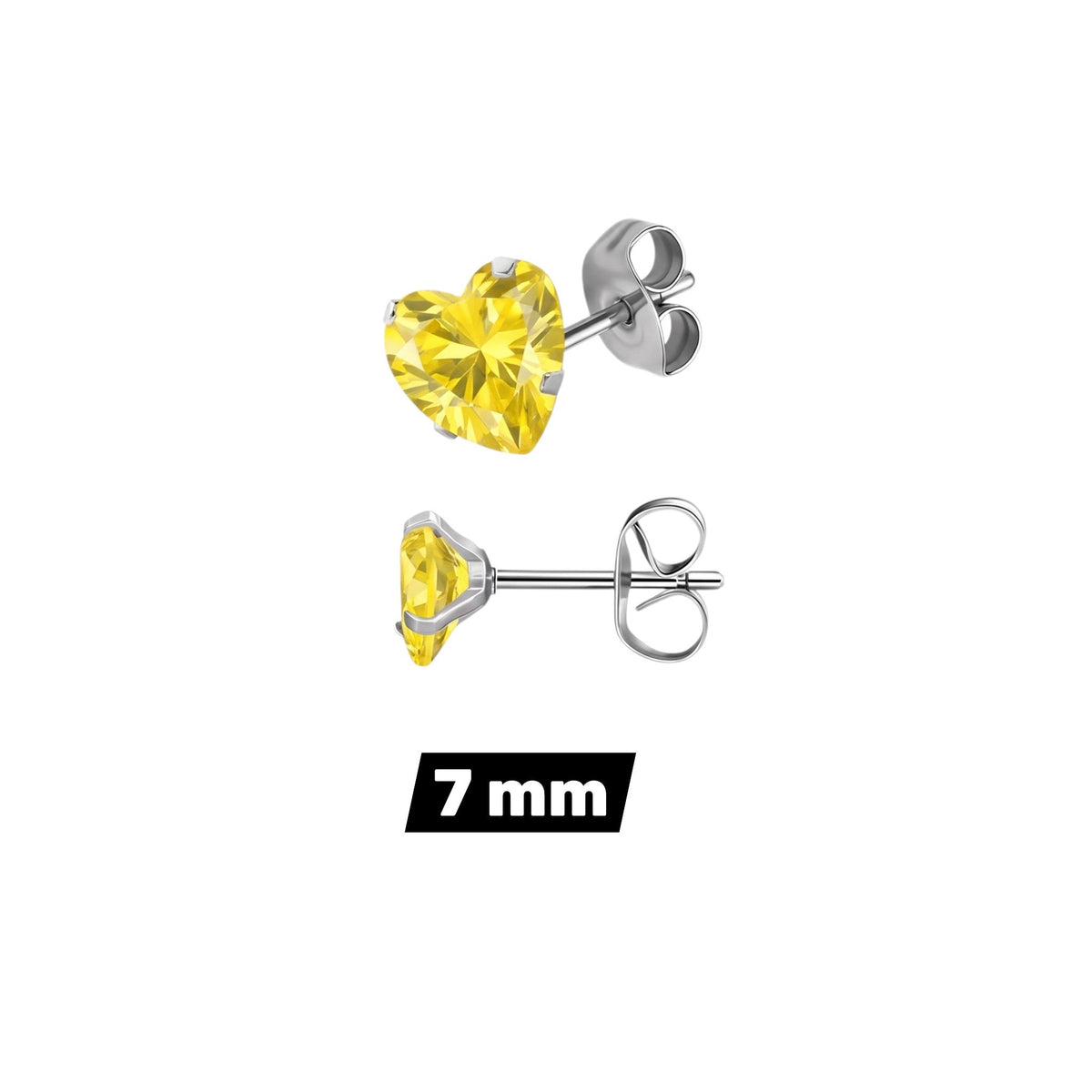Aramat Jewels hartjes oorstekers van zilverkleurig RVS met een gele zirkonia steen in 7 mm formaat.