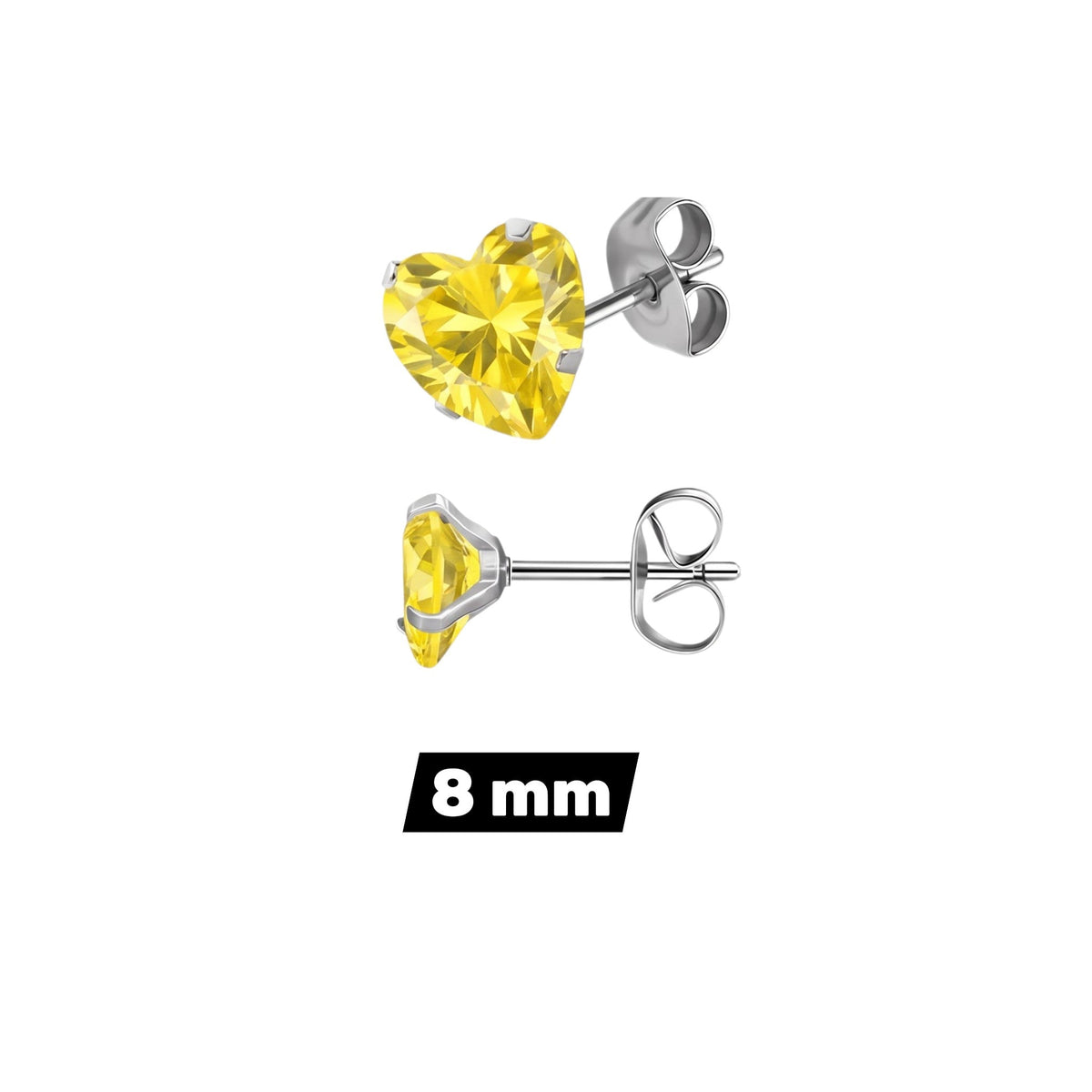 Aramat Jewels hartjes oorstekers van zilverkleurig RVS met een gele zirkonia steen in 8 mm formaat.