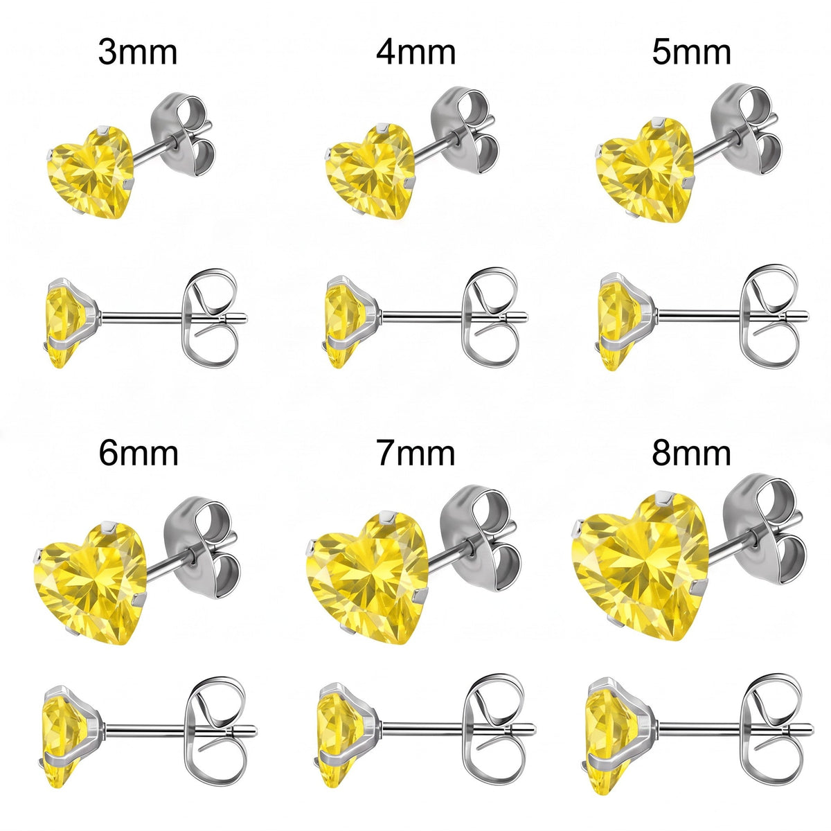 Aramat Jewels hartjes oorstekers van zilverkleurig RVS met gele zirkonia stenen in verschillende maten van 3 tot 8mm.