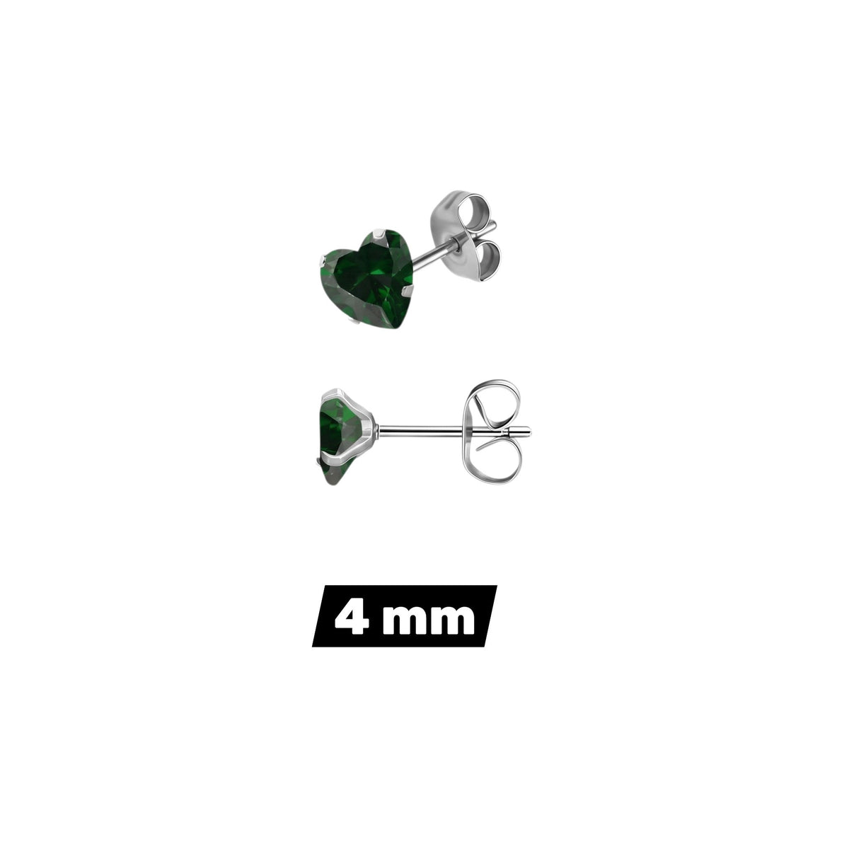 Aramat Jewels hartjes oorstekers van RVS met groene zirkonia steentjes in 4 mm formaat met vlindersluiting.