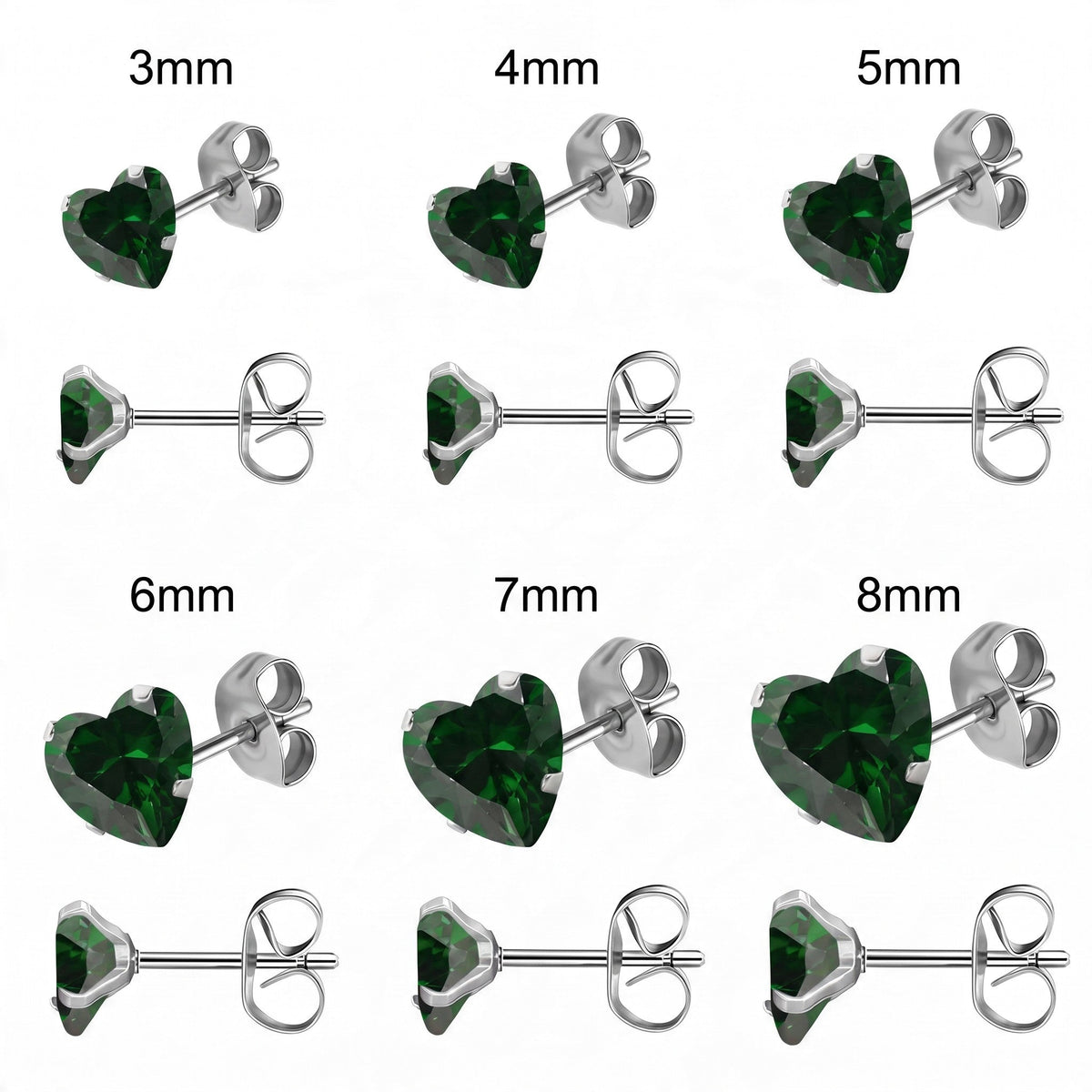 Aramat Jewels hartjes oorstekers van RVS met groene zirkonia in verschillende maten van 3 tot 8 mm.