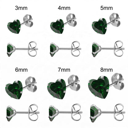 Aramat Jewels hartjes oorstekers van RVS met groene zirkonia in verschillende maten van 3 tot 8 mm.
