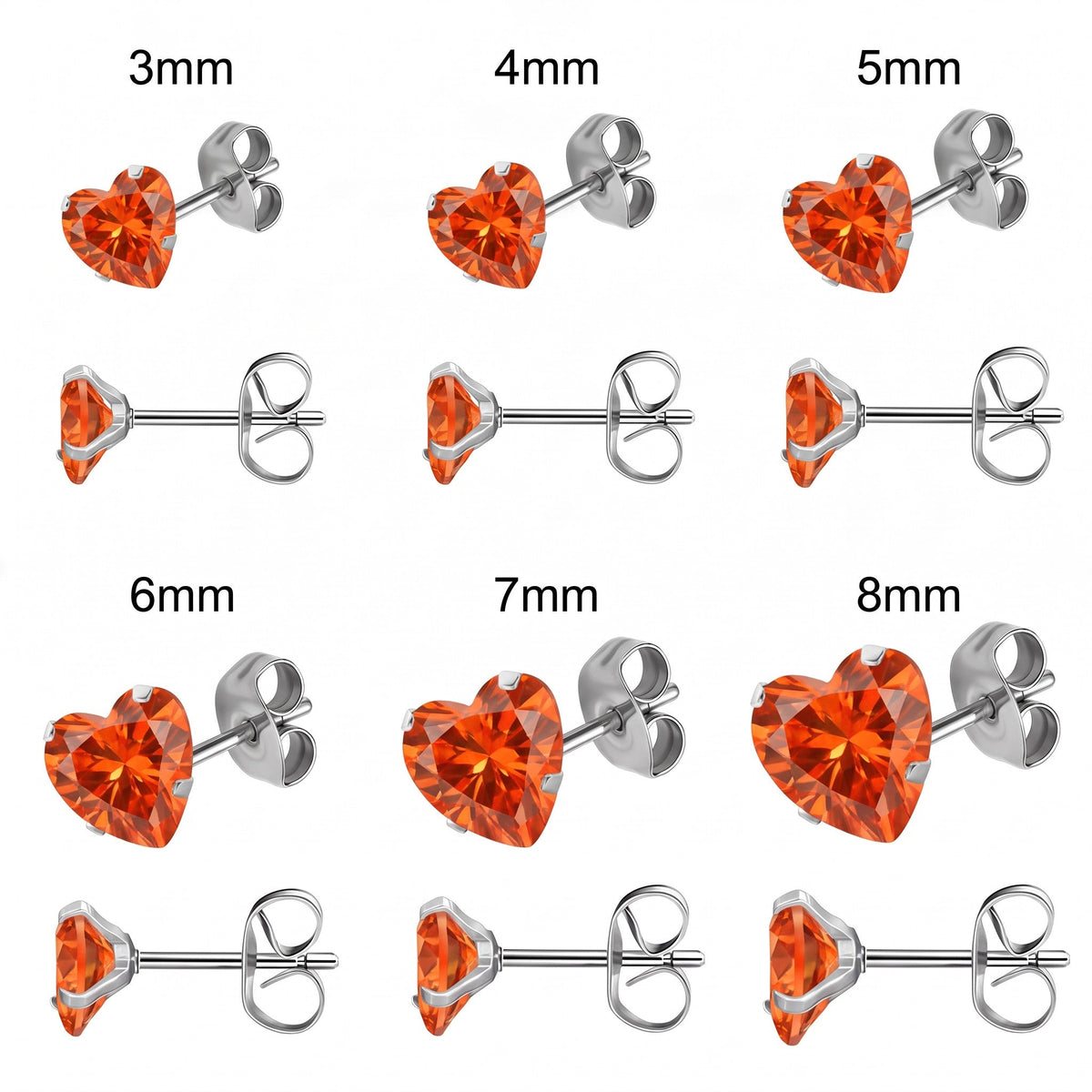 Aramat Jewels hartjes oorstekers van zilverkleurig RVS met oranje zirkonia in zes verschillende maten van 3 tot 8mm.
