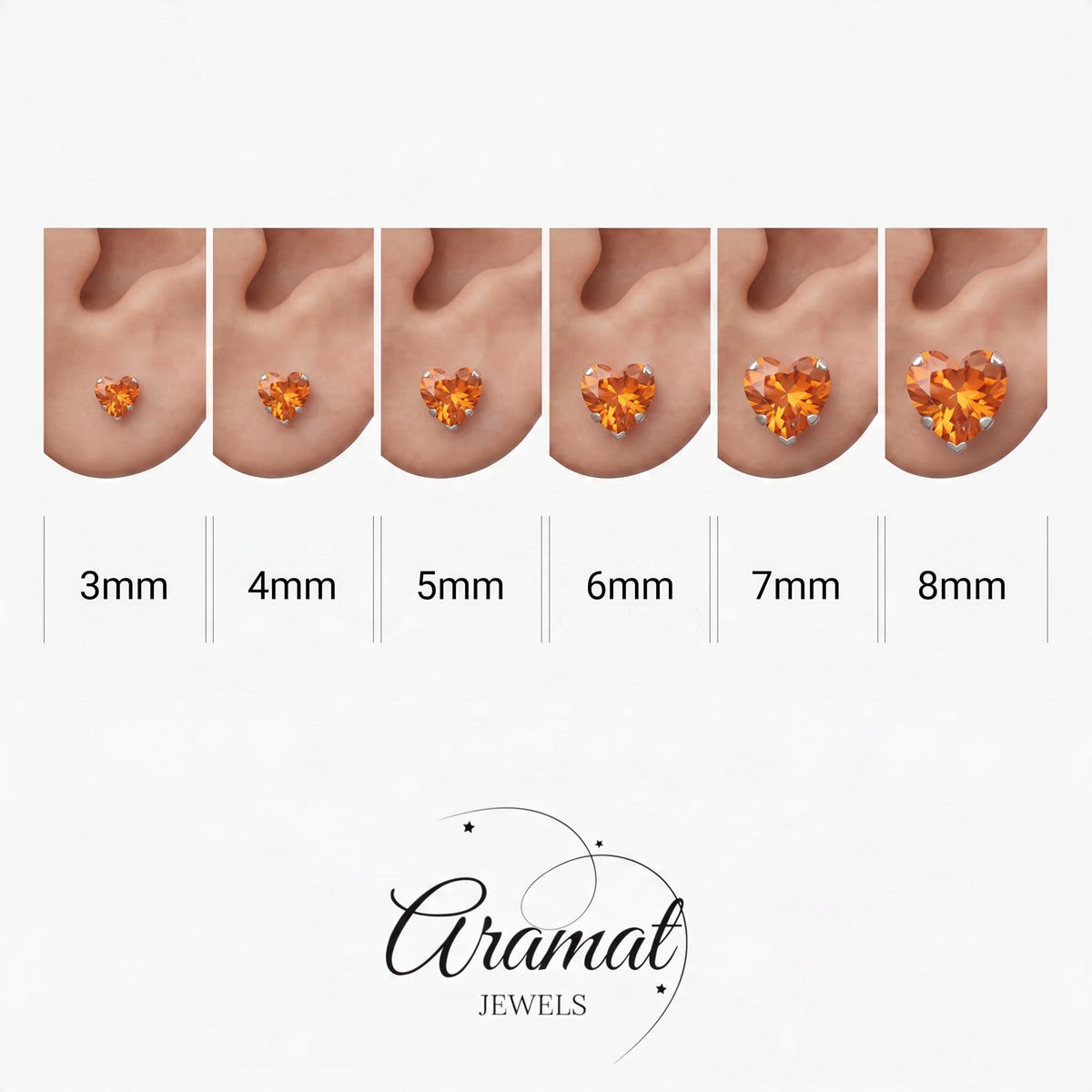 Aramat Jewels hartjes oorstekers met oranje zirkonia in zilverkleurig RVS, getoond in zes verschillende maten.