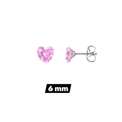 Aramat Jewels hartjes oorknopjes van zilverkleurig RVS met een roze zirkonia steentje in 6 mm formaat