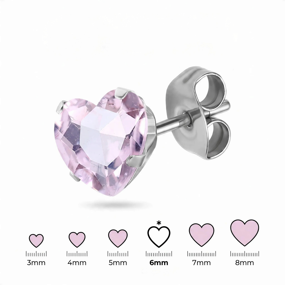 Aramat Jewels hartjes oorstekers van zilverkleurig RVS met een roze zirkonia steentje en vlindersluiting.