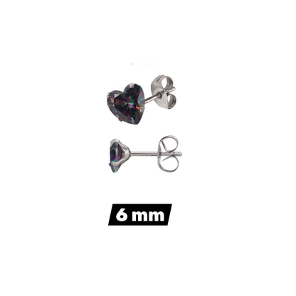 Aramat Jewels hartjes oorstekers van RVS met donkere AB zirkonia steentjes in 6 mm formaat