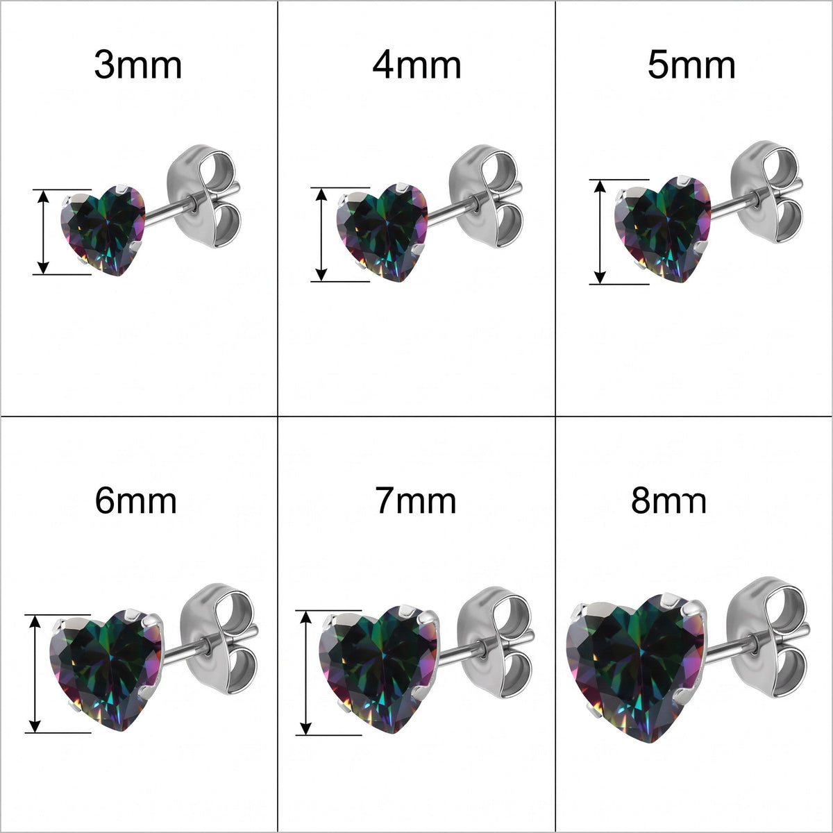 Aramat Jewels hartjes oorstekers van RVS met donkere AB zirkonia in zes verschillende maten van 3 tot 8 mm.