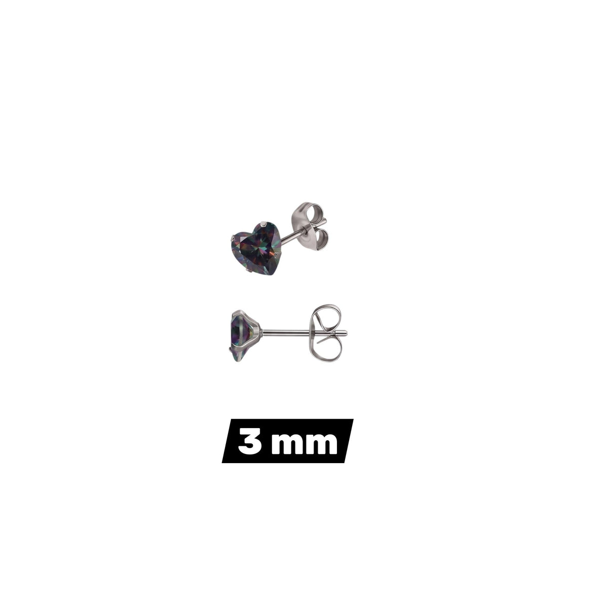 Aramat Jewels hartjes oorstekers van RVS met donkere AB zirkonia steentjes in 3mm formaat