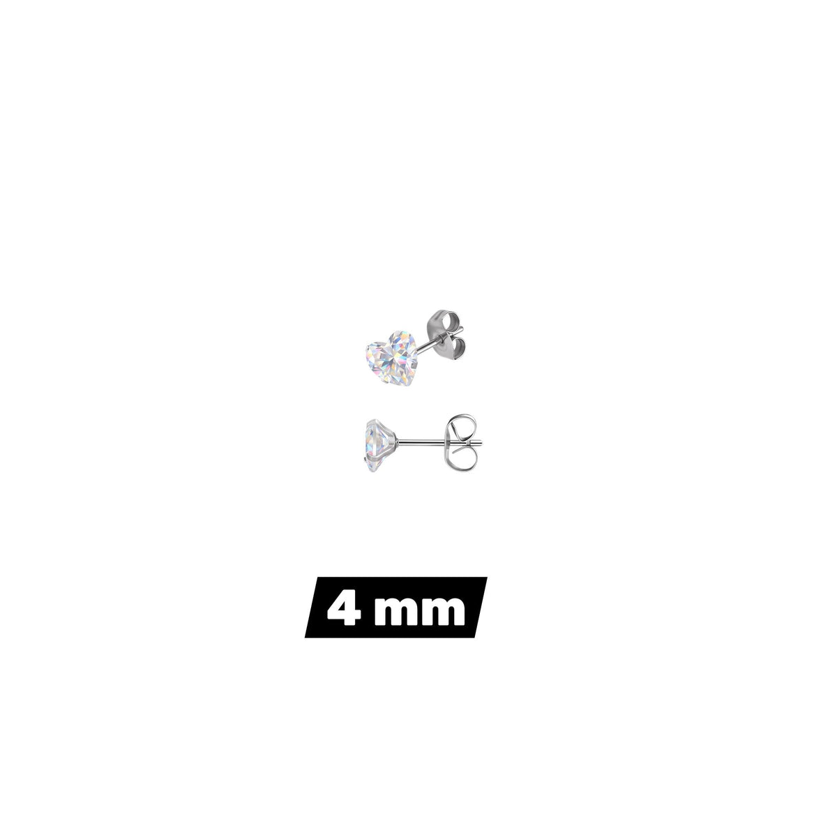 Aramat Jewels hartjes oorstekers van zilverkleurig RVS met transparante AB-zirkonia in 4 mm formaat