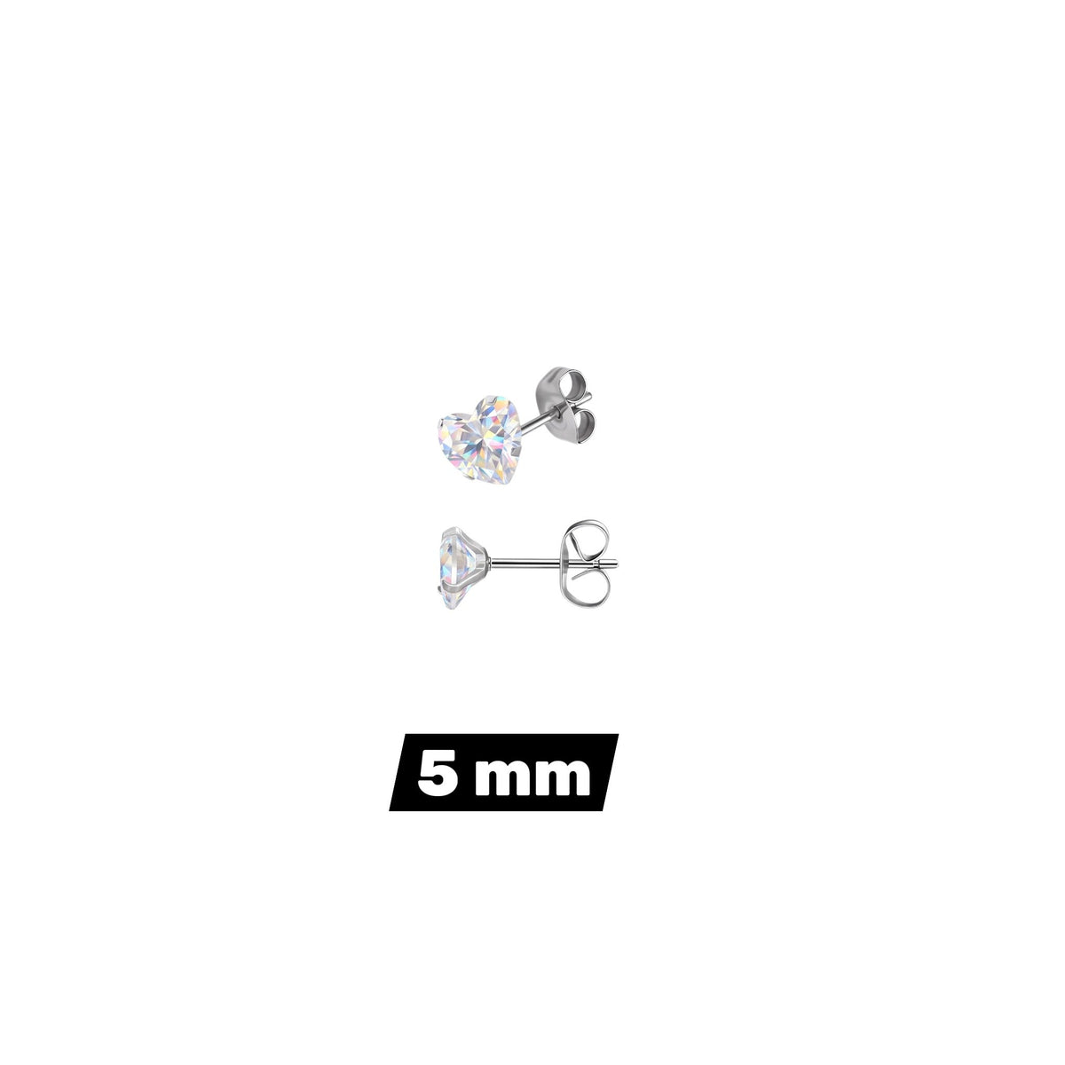 Aramat Jewels hartjes oorstekers van zilverkleurig RVS met transparante AB-zirkonia in 5 mm formaat