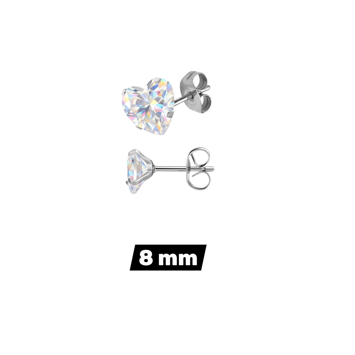 Aramat Jewels hartjes oorstekers van RVS met transparante AB-zirkonia in 8mm, getoond van voor- en zijaanzicht.