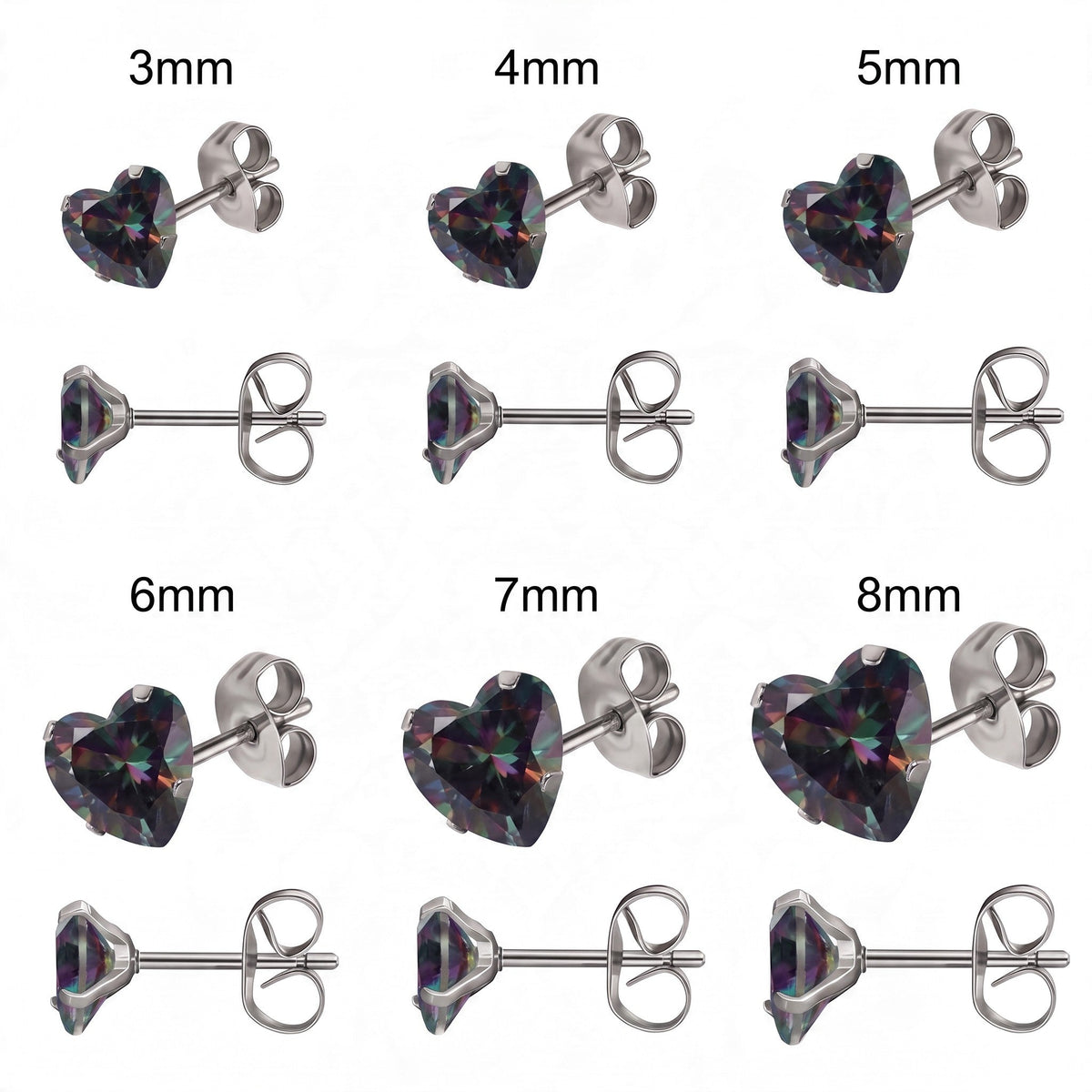 Aramat Jewels hartjes oorstekers van RVS met donkere AB zirkonia in zes verschillende maten van 3 tot 8 mm.