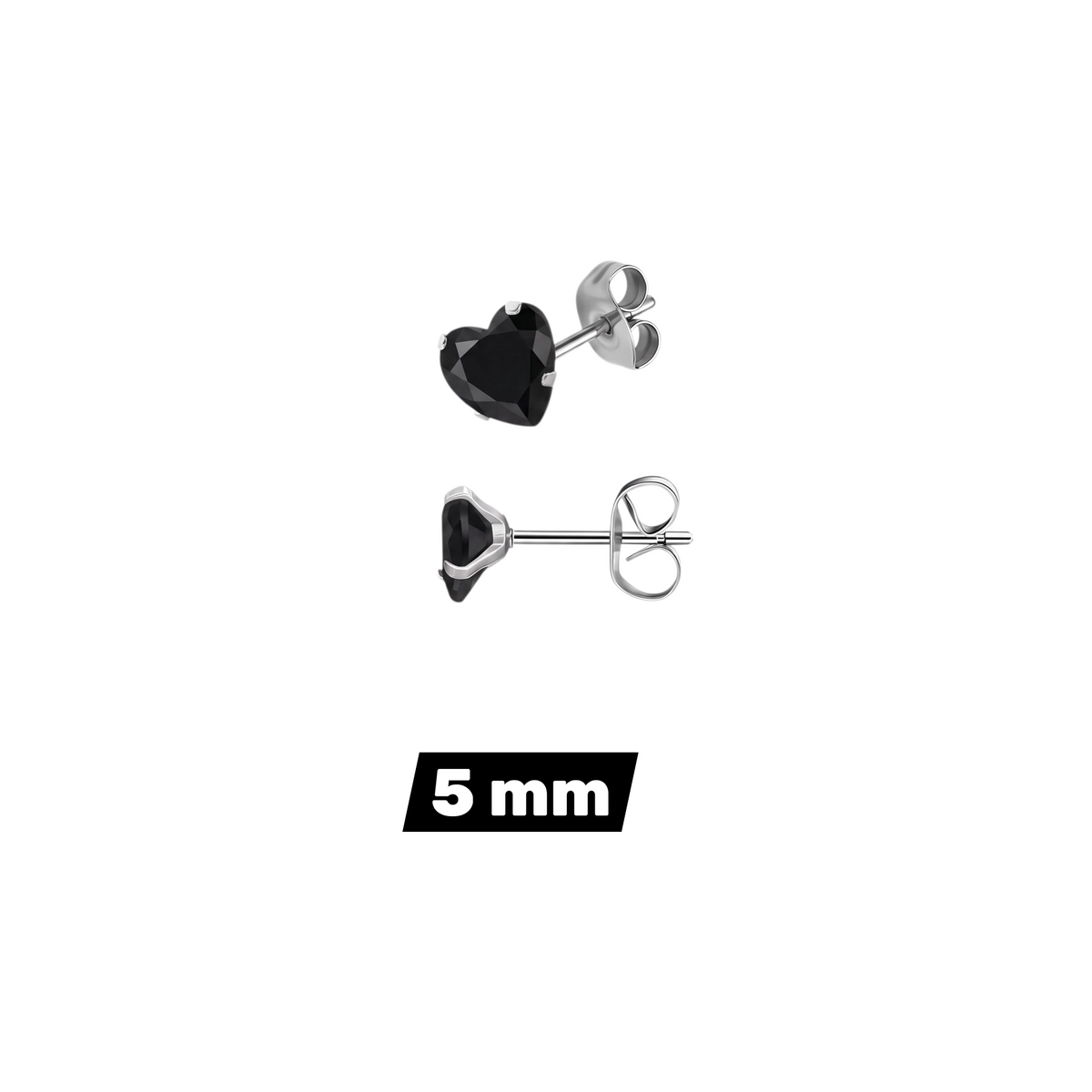 Aramat Jewels hartjes oorstekers van zilverkleurig RVS met zwarte zirkonia in 5 mm formaat.