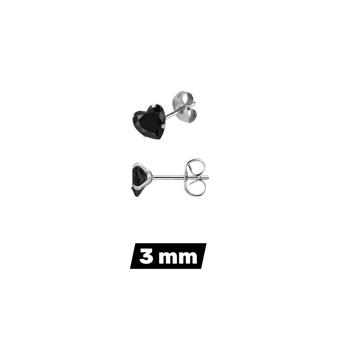 Aramat Jewels hartjes oorstekers van zilverkleurig RVS met zwarte zirkonia in 3mm formaat