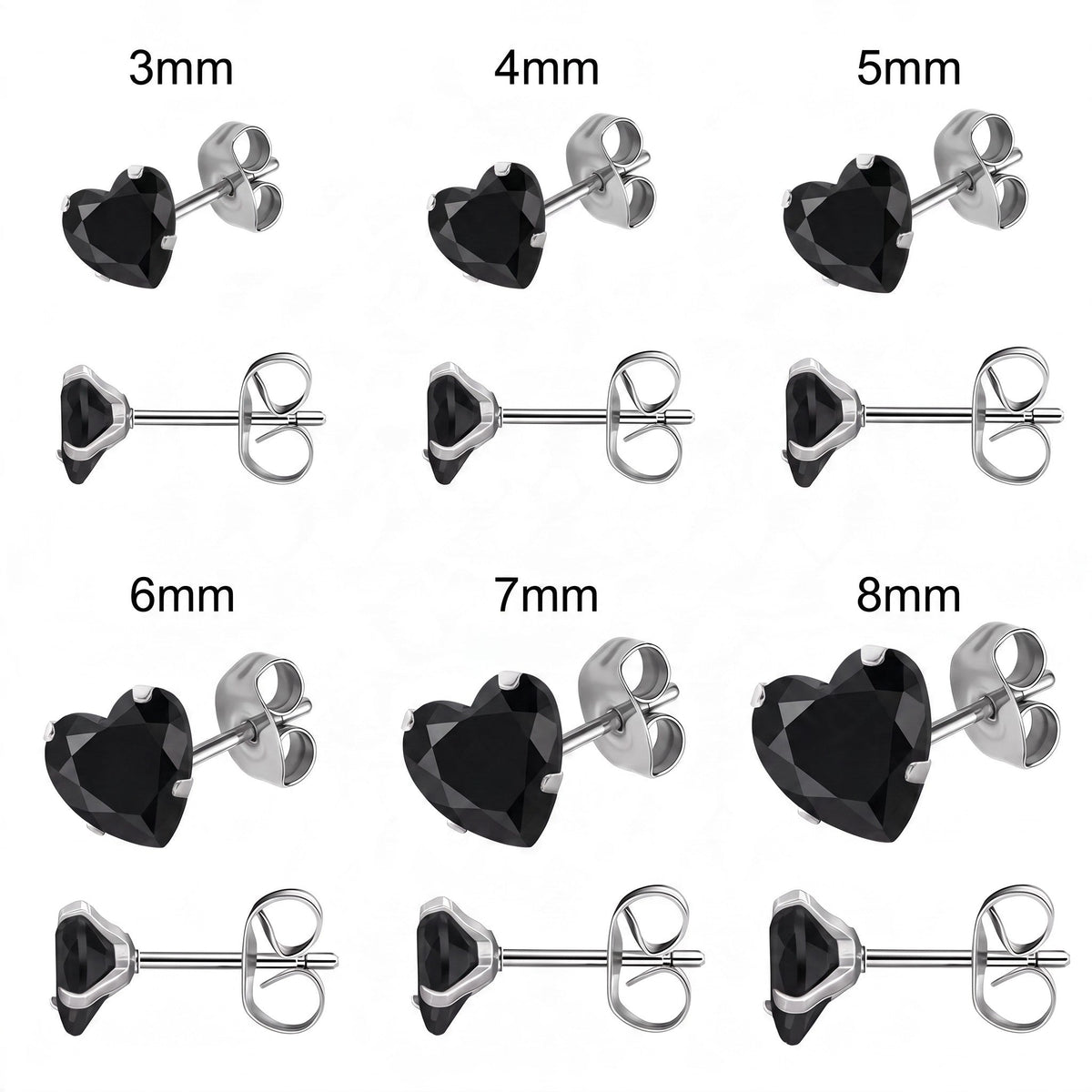 Aramat Jewels hartjes oorstekers van zilverkleurig RVS met zwarte zirkonia in verschillende maten van 3 tot 8 mm.