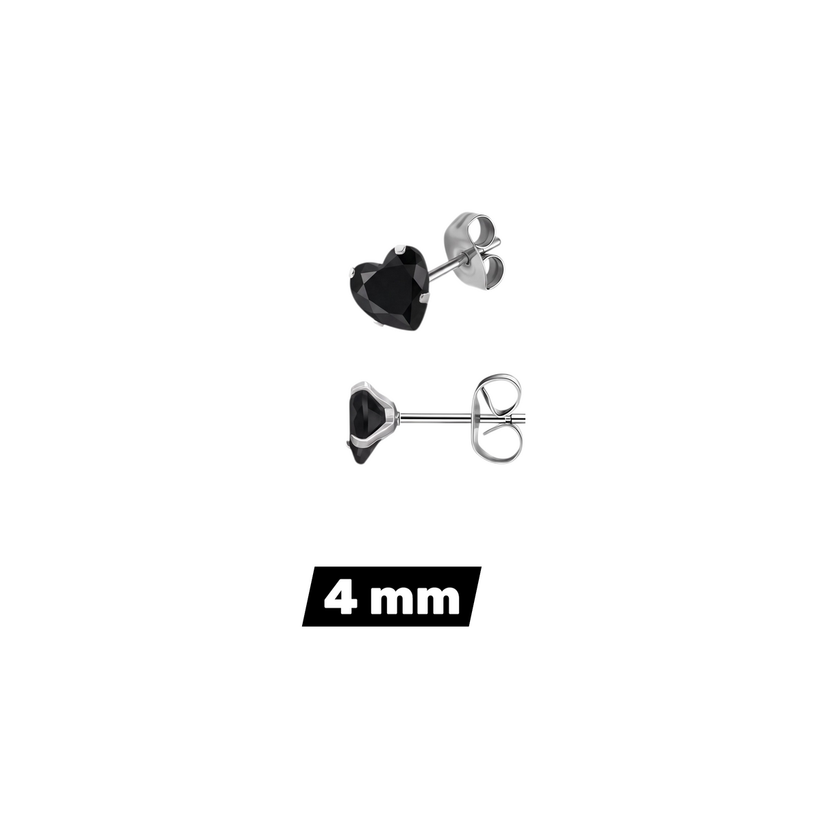 Aramat Jewels hartjes oorstekers van zilverkleurig RVS met een zwarte zirkonia steen in 4 mm formaat.