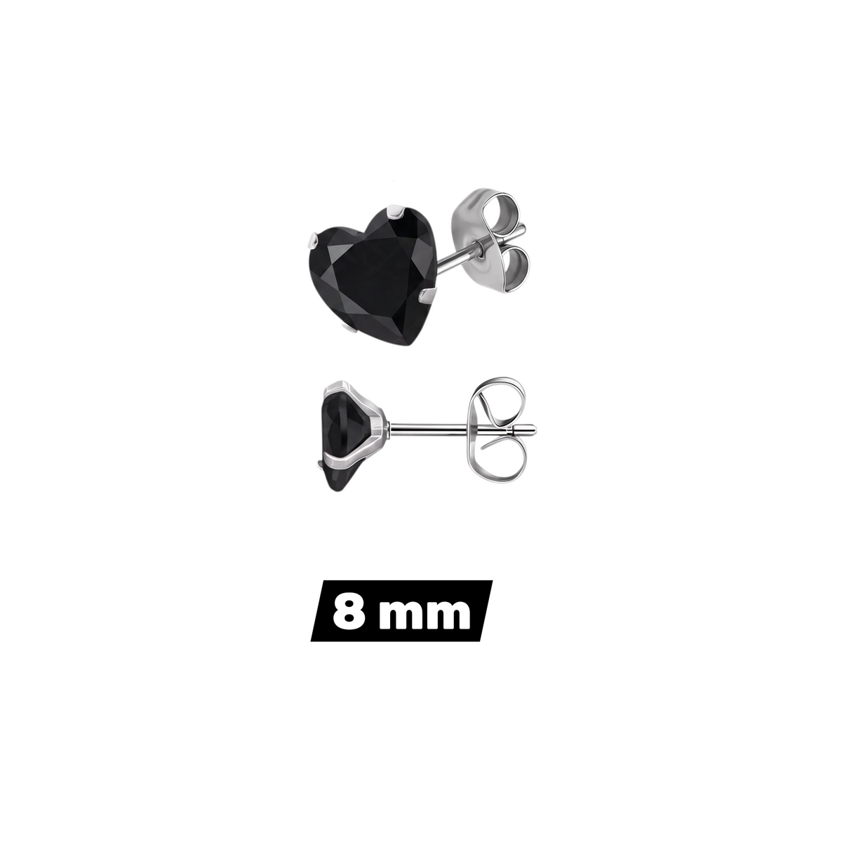 Aramat Jewels hartjes oorstekers van zilverkleurig RVS met zwarte zirkonia in 8 mm formaat