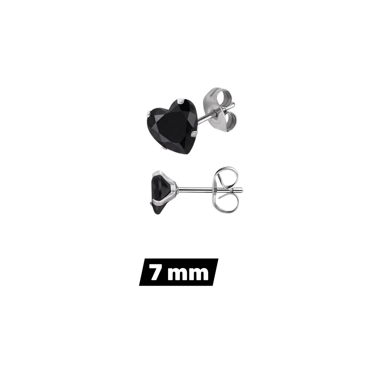 Aramat Jewels hartjes oorstekers van zilverkleurig RVS met zwarte zirkonia in 7 mm formaat
