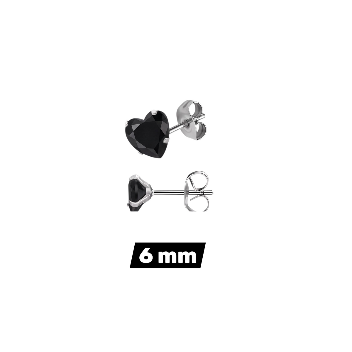 Aramat Jewels hartjes oorstekers van zilverkleurig RVS met een zwarte hartvormige zirkonia steen van 6 mm.