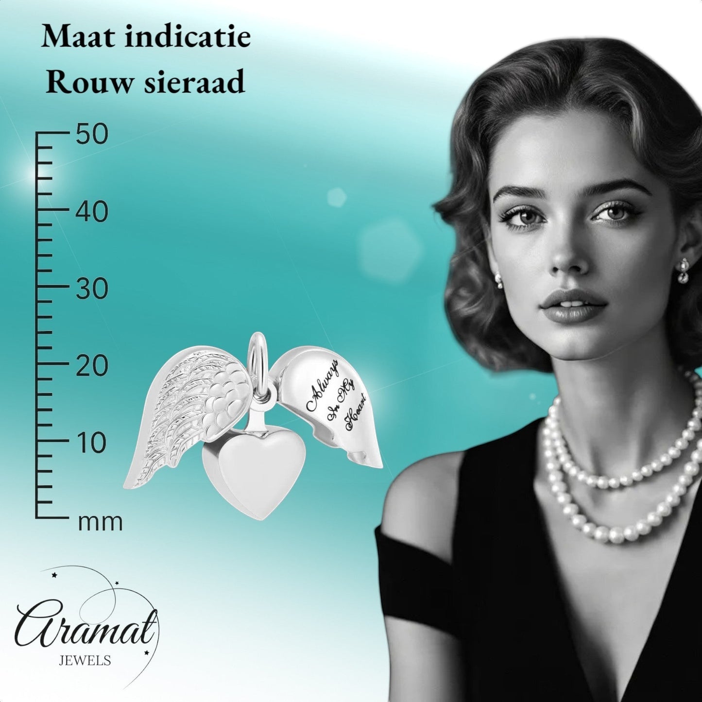 Aramat Jewels silver-tone stainless steel heart ash pendant with movable angel wings, inscribed 'Always In My Heart'.