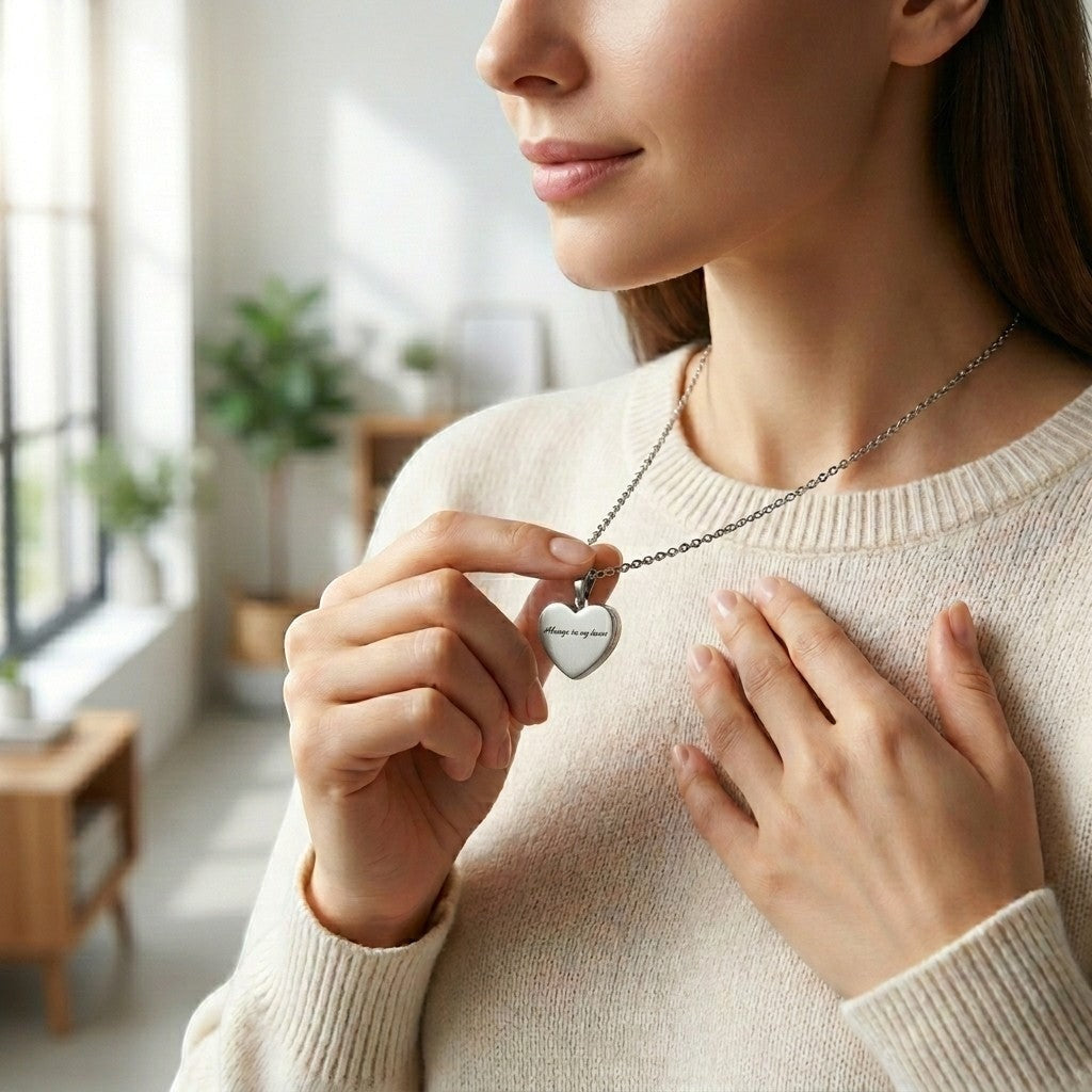 Aramat Jewels silver-tone stainless steel heart-shaped ash pendant with 'Always in My Heart' engraving, worn on a 50cm chain by a woman.