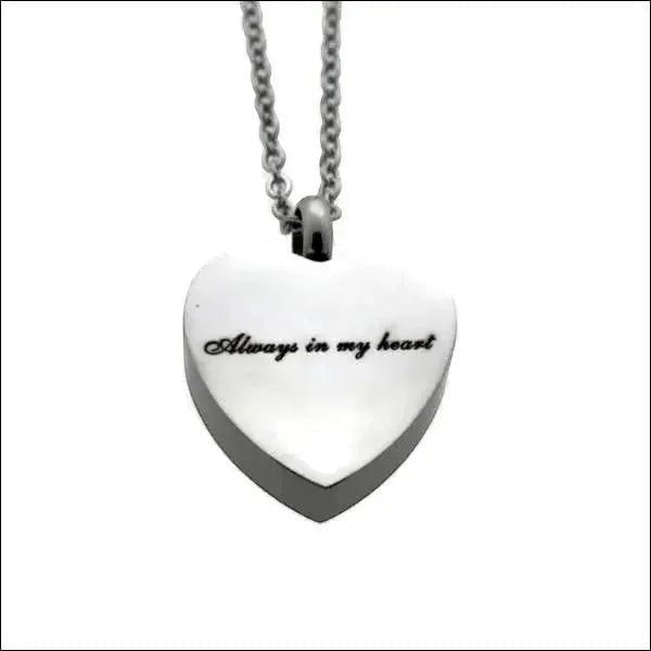 Aramat Jewels silver-tone stainless steel heart-shaped cremation pendant with "Always in my heart" engraving, 2.5x2cm, on a 50cm chain.