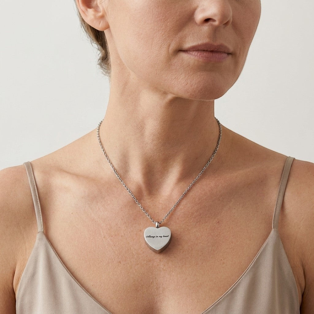 Aramat Jewels silver-tone stainless steel heart-shaped cremation pendant necklace engraved with "Always in My Heart".