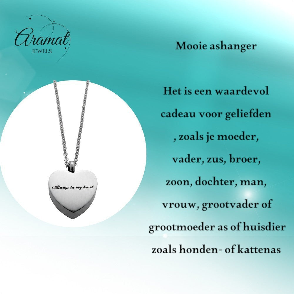 Aramat Jewels silver-tone stainless steel heart-shaped cremation pendant with 'Always in my heart' engraving, 2.5x2cm, on a 50cm chain.