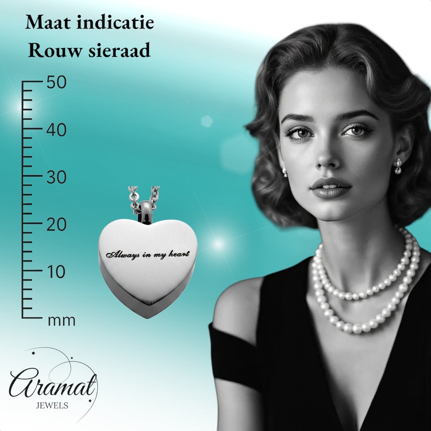 Aramat Jewels silver-tone stainless steel heart-shaped cremation pendant with "Always in my heart" engraving, 2.5x2cm, on a 50cm chain.