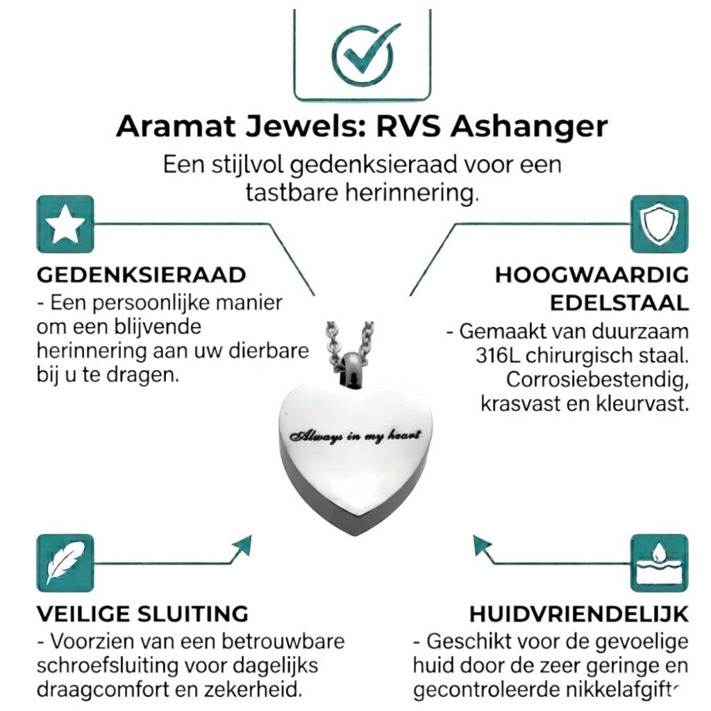 Aramat Jewels silver-tone stainless steel heart-shaped cremation pendant with "Always in my heart" engraving, 2.5x2cm, on a 50cm chain.