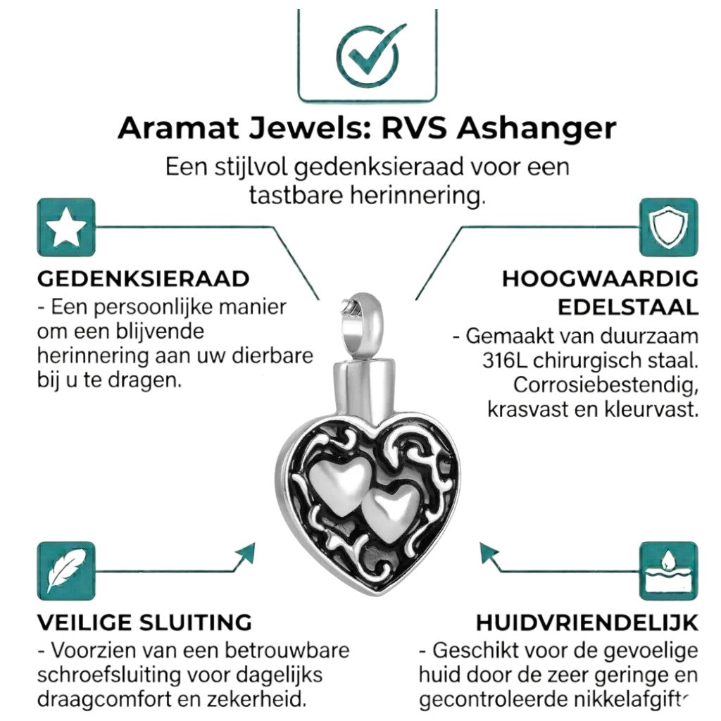 Aramat Jewels silver and black stainless steel cremation pendant with two hearts design, 30x18mm.