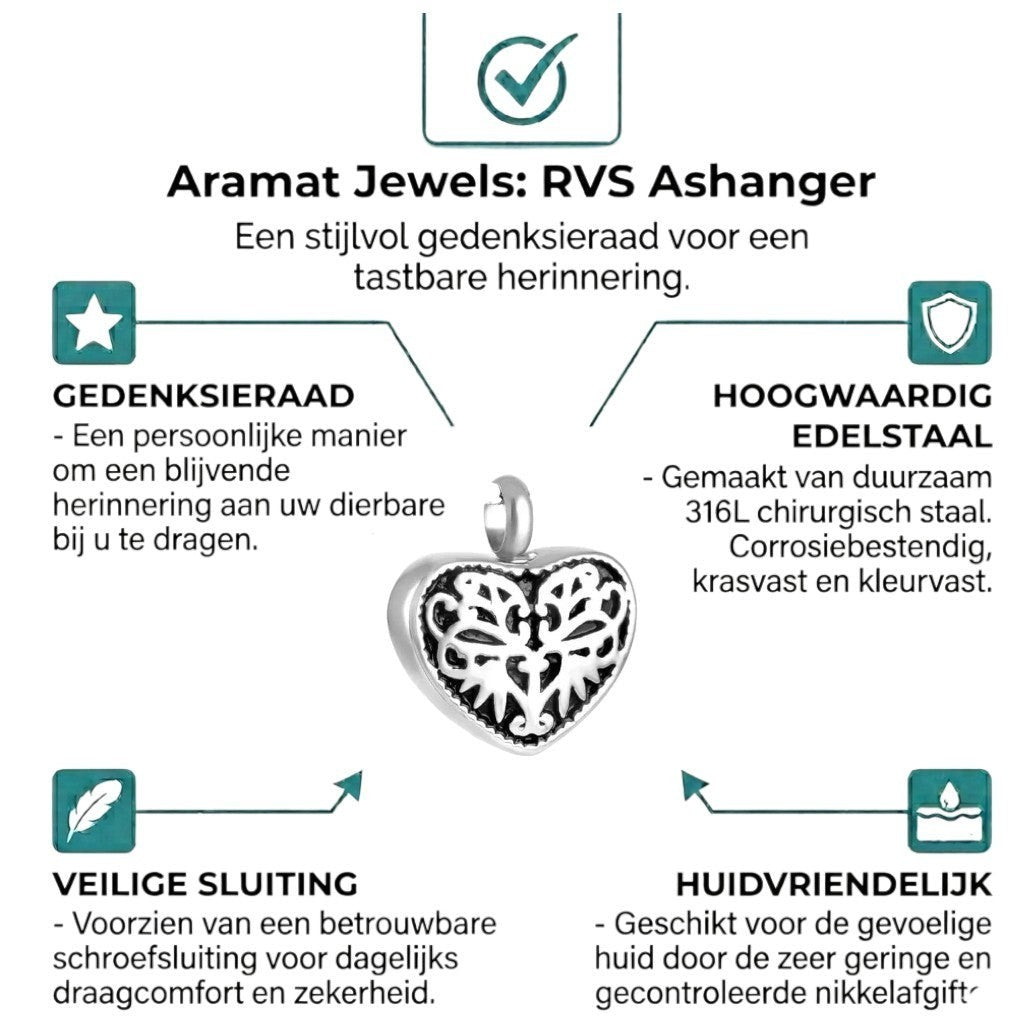 Aramat Jewels silver-tone stainless steel heart-shaped cremation urn pendant with black enamel filigree detail.