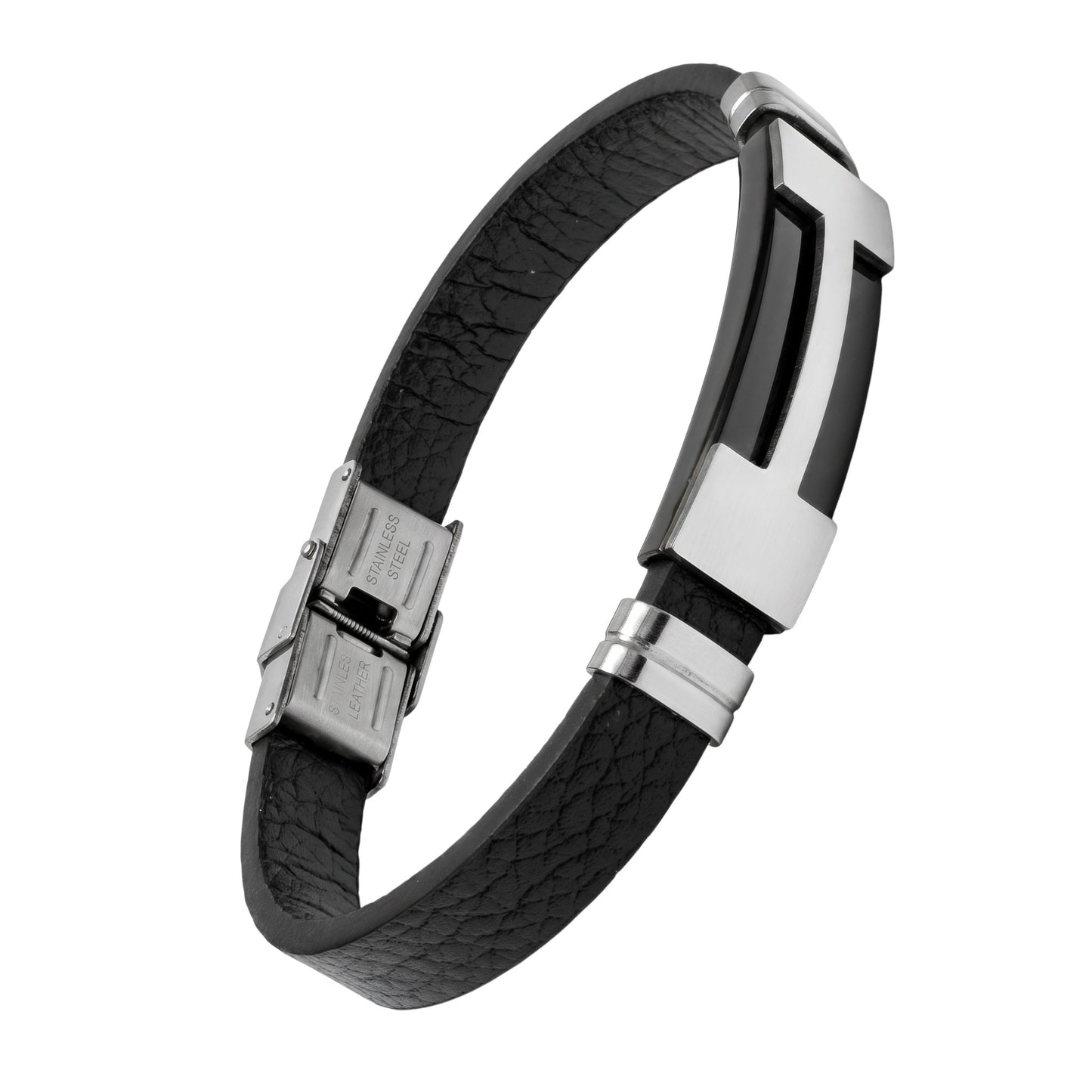 Aramat Jewels heren armband van zwart leer met zilverkleurige streep en stalen sluiting, 21cm