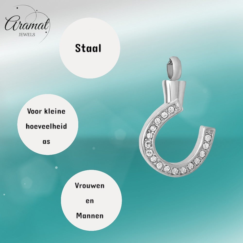 Aramat Jewels zilverkleurige stalen hoefijzer ashanger bezet met steentjes, met schroefsluiting voor as.