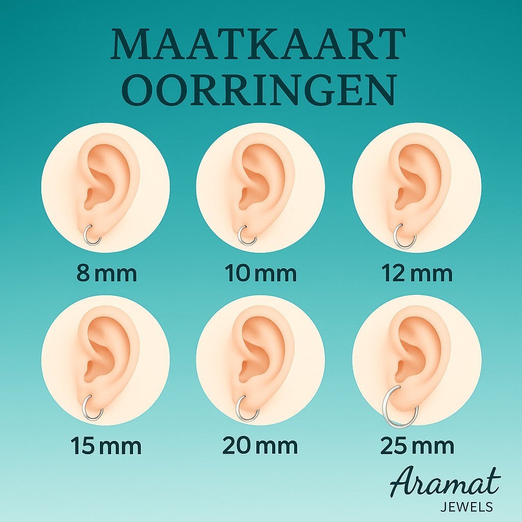 Aramat Jewels size chart for hoop earrings, showing 6 different sizes from 8mm to 25mm on ears.
