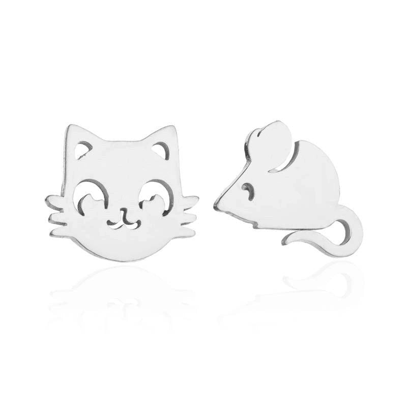 Aramat Jewels zilverkleurige oorstekers met kat- en muisvorm, 10mm, gemaakt van RVS.