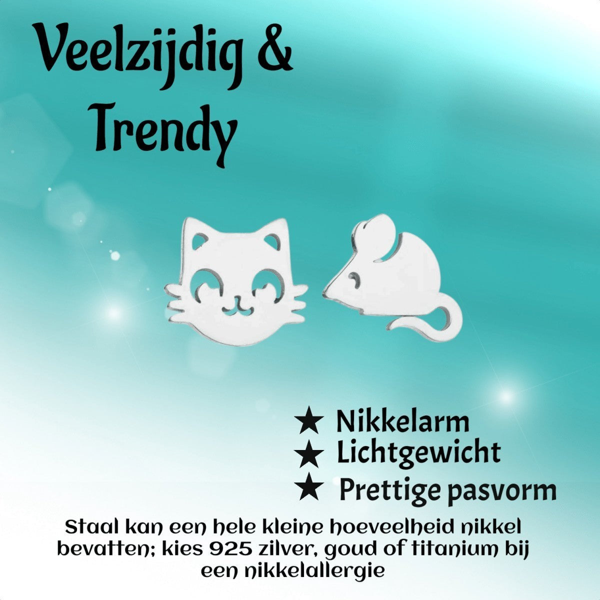 Aramat Jewels zilverkleurige oorstekers met kat- en muisvorm, 10mm, van RVS, nikkelarm en lichtgewicht.