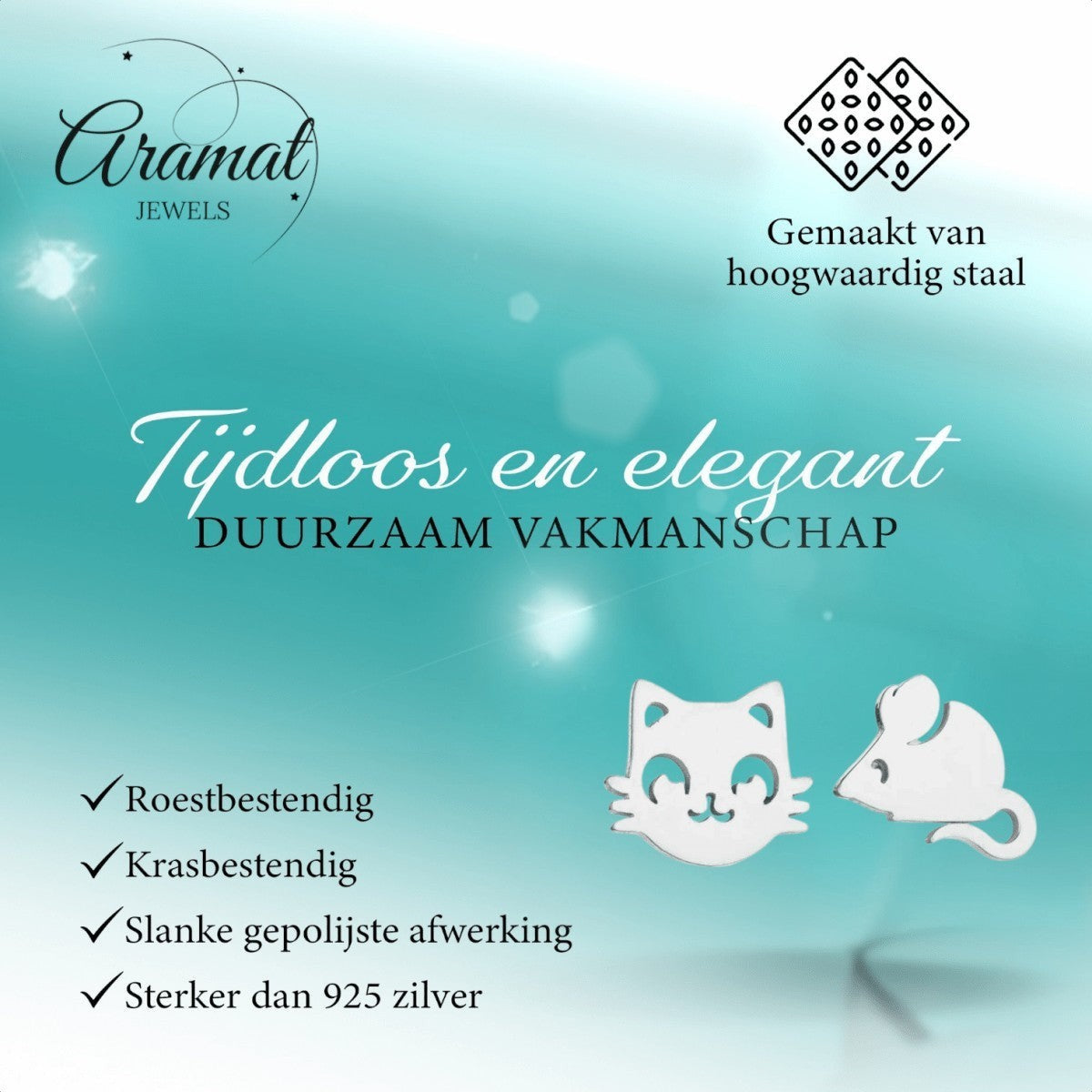 Aramat Jewels zilverkleurige oorstekers met kat- en muisvorm, 10mm, gemaakt van roestbestendig RVS.