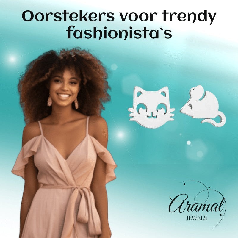 Aramat Jewels zilverkleurige oorstekers met kat- en muisvorm, 10mm, van roestvrij staal.