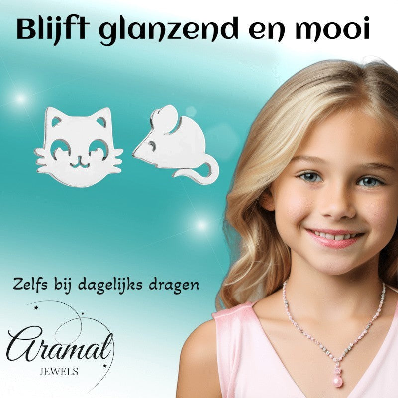 Aramat Jewels zilverkleurige oorstekers met kat- en muisvorm, 10mm, van roestvrij staal.