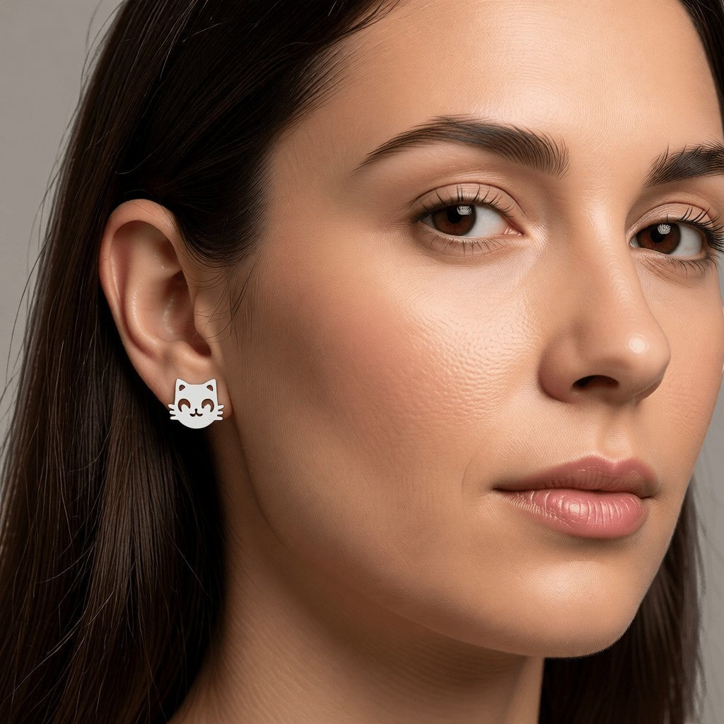 Aramat Jewels zilverkleurige oorbel in de vorm van een kattengezicht, 10mm, gemaakt van roestvrij staal.
