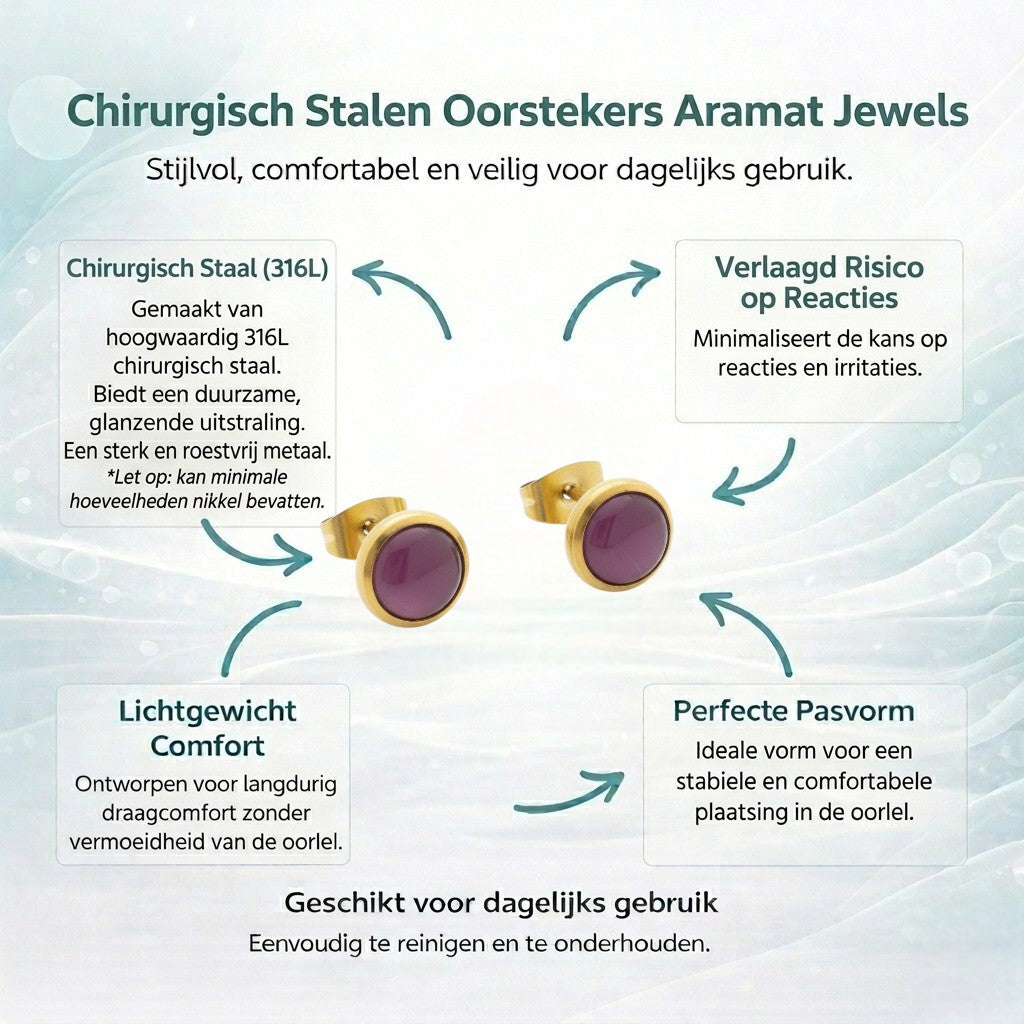 Aramat Jewels kattenoog oorbellen van 8mm in goudkleurig staal met roze cat's eye steen.