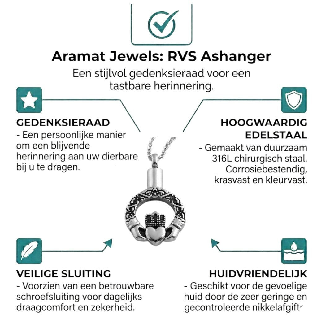 Aramat Jewels Keltisch ashanger met ketting, zilverkleurig RVS met hart, handen en kroon. Gedenksieraad met schroefsluiting.