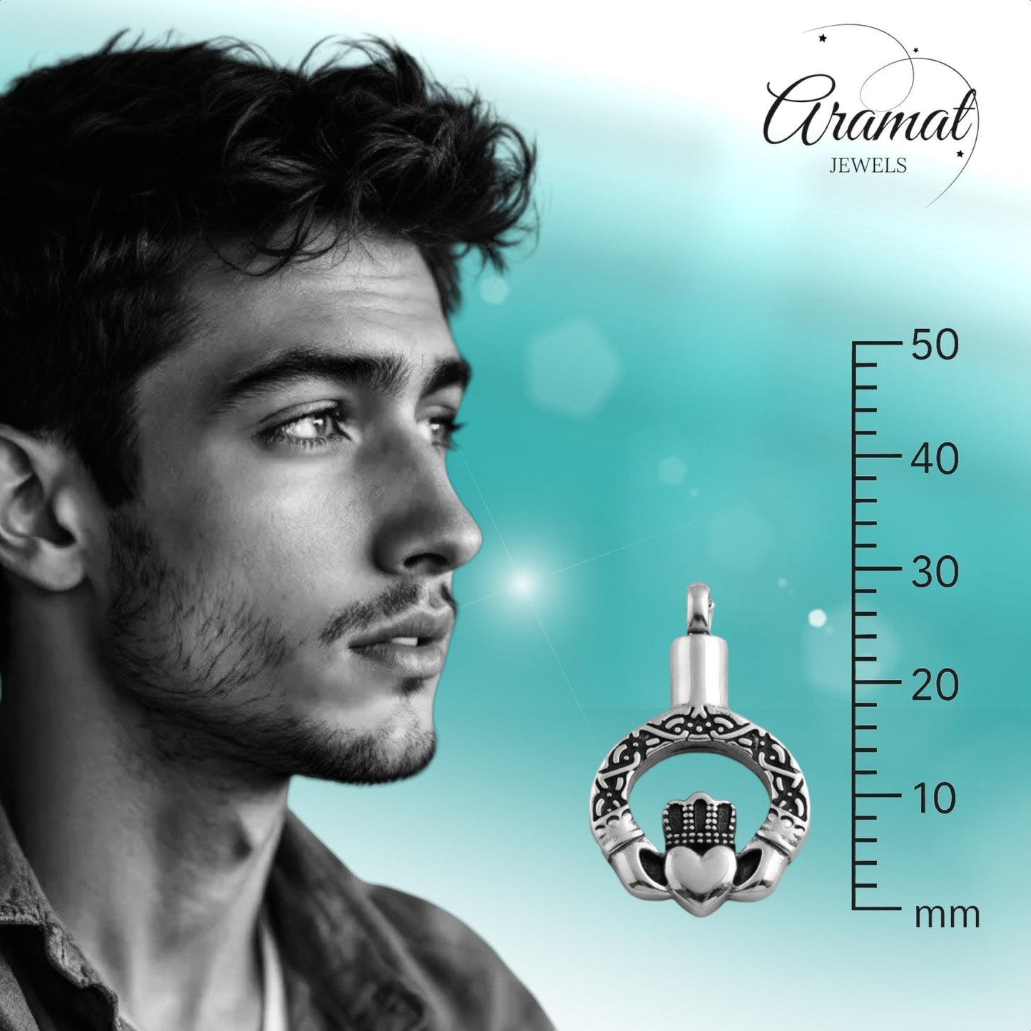 Aramat Jewels Keltisch ashanger met ketting, zilverkleurig roestvrij staal met hart, handen en kroon