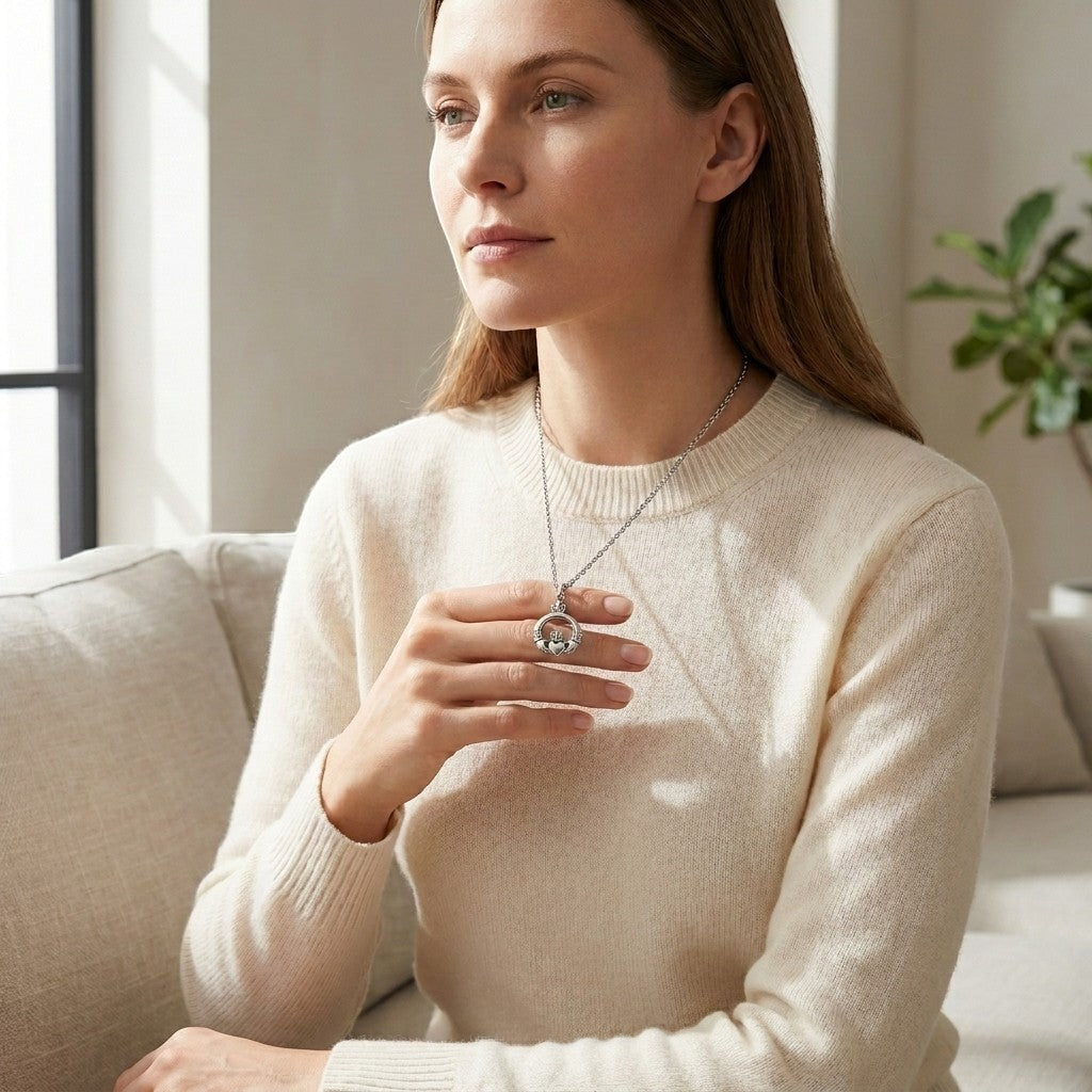 Aramat Jewels Keltische ashanger met ketting in zilverkleurig roestvrij staal, gedragen door een vrouw.