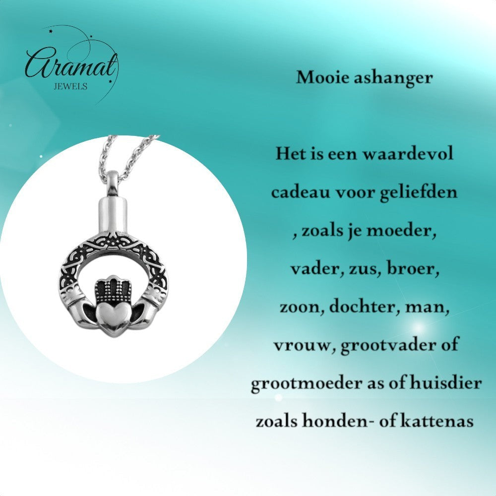 Aramat Jewels Keltische ashanger met ketting, zilverkleurig roestvrij staal met Claddagh symbool en gedetailleerd patroon.