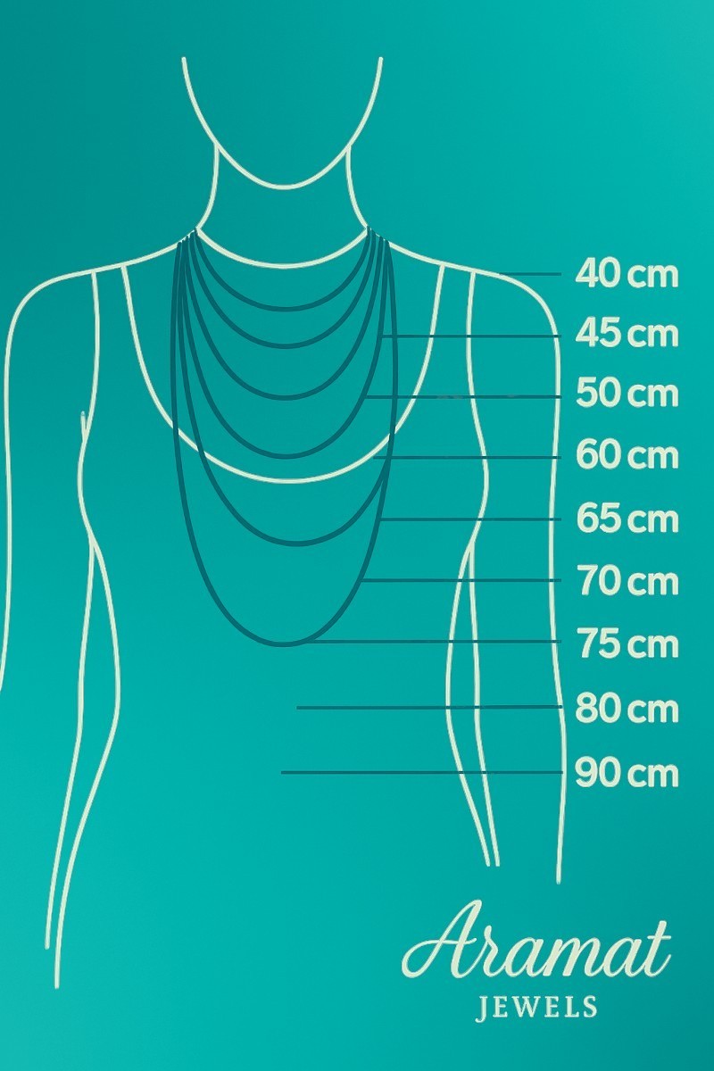 Aramat Jewels maattabel voor halskettingen met een 75 cm lengte aanduiding op een silhouet van een vrouw.
