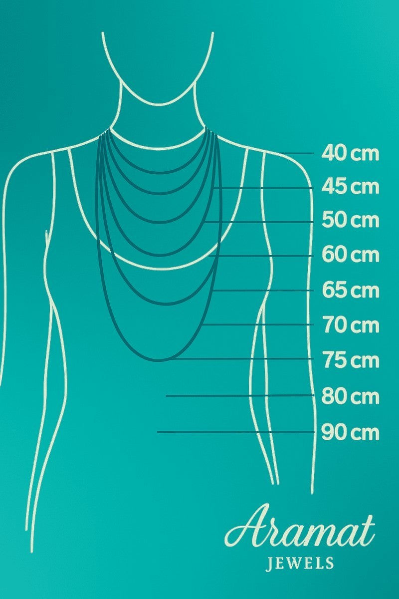 Aramat Jewels maattabel voor kettinglengtes van 40 tot 90 cm op een turquoise achtergrond.