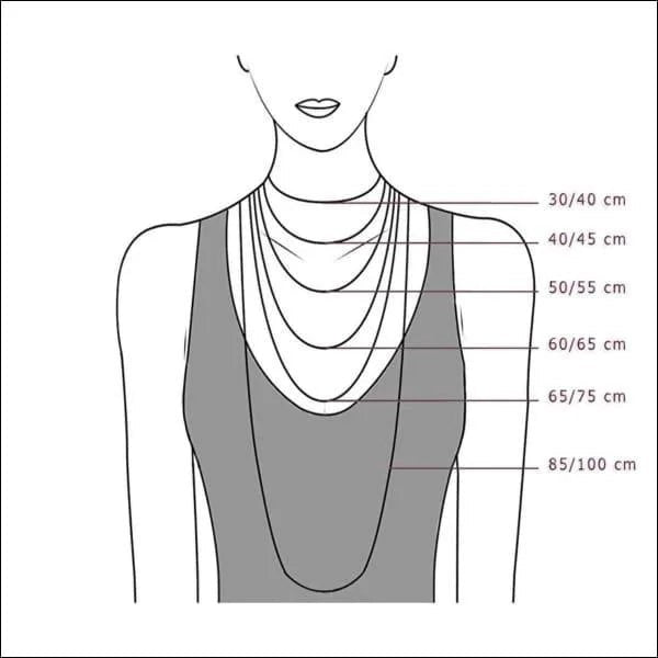 Aramat Jewels maattabel voor kettinglengtes op een vrouwelijk silhouet met verschillende lengteopties